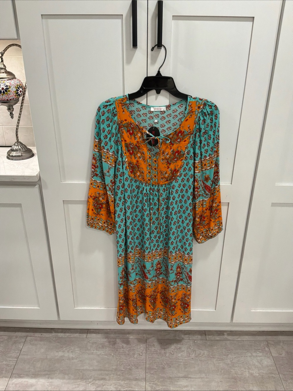NWT Blue Time Balloon Sleeve Printed Dress Cover Up Size L Boho Lightweight